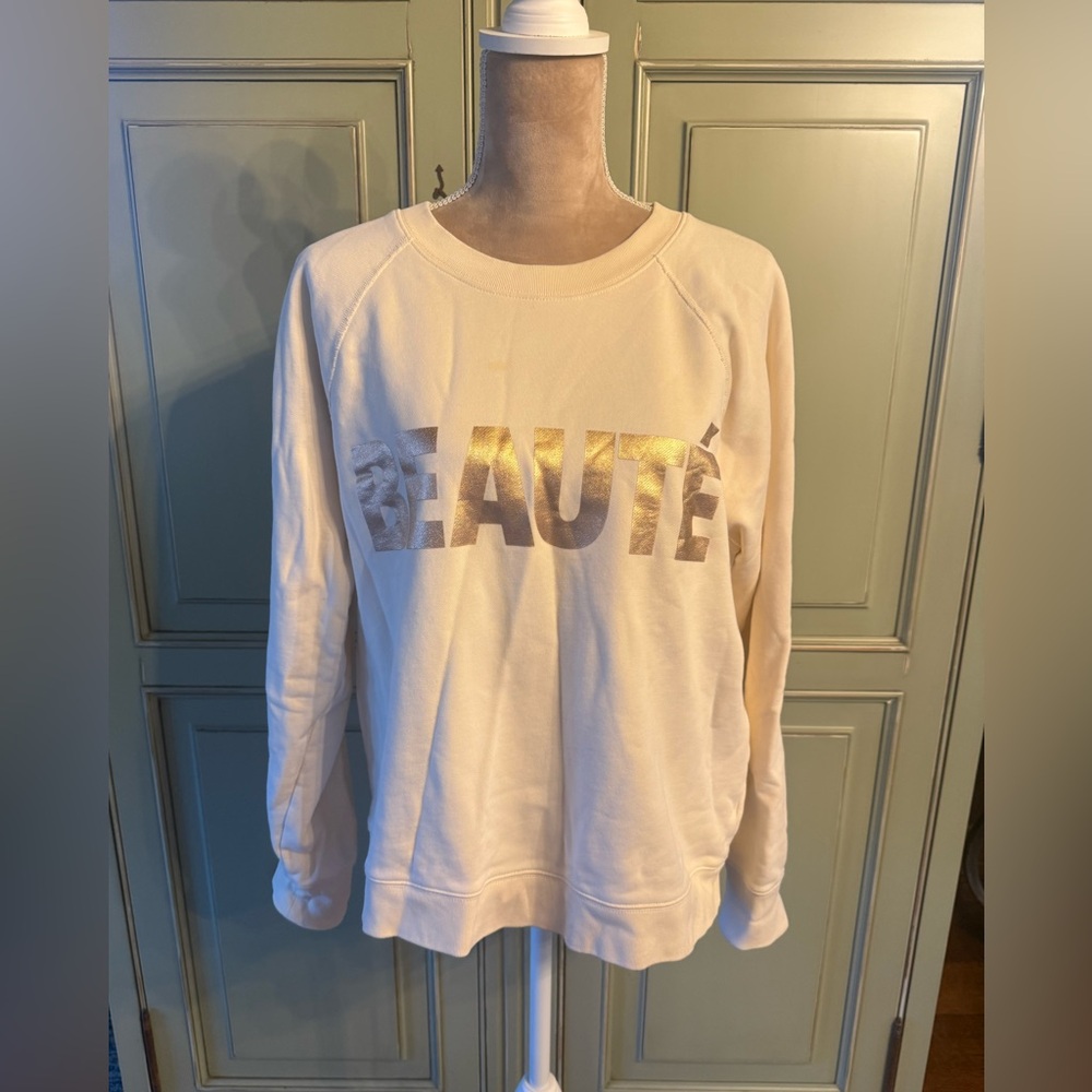 J. Crew Cream Sweatshirt with Rose Gold Lettering. “BEAUTE’”